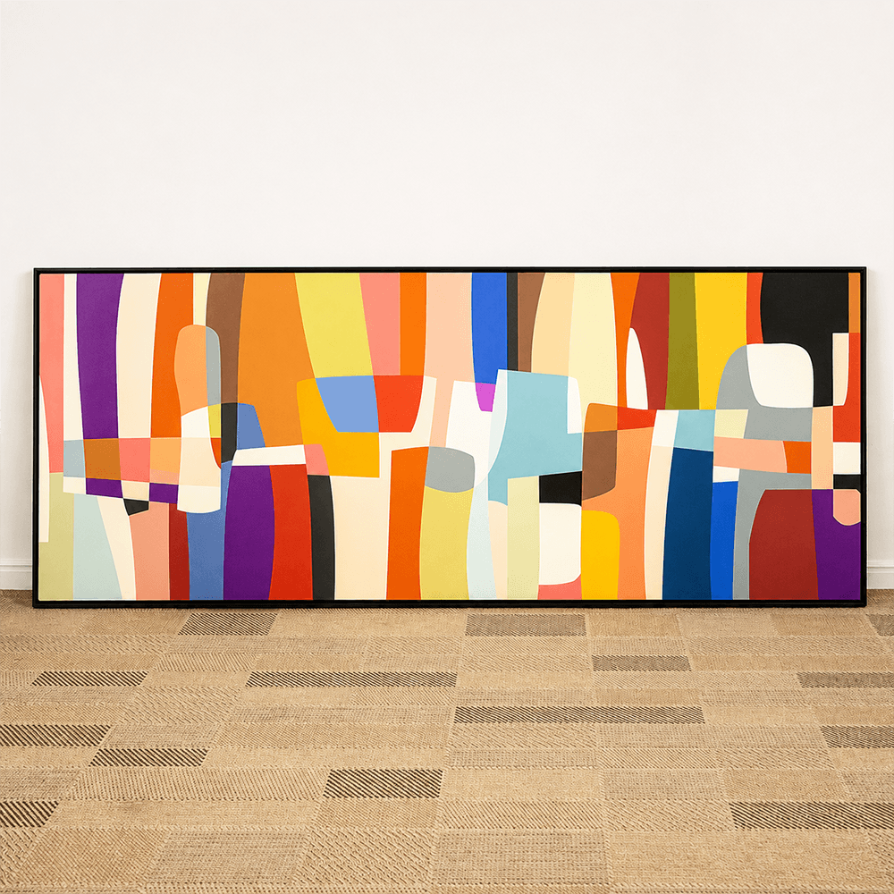 Quadro tela em canvas - PEÇAS COLORIDAS E SOBREPOSTAS 3 -  170x68cm - Moldura Canaleta Alta Preta